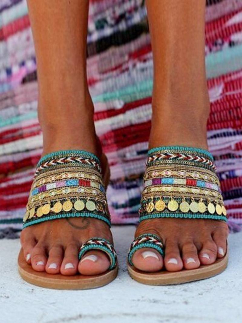 Dámské Plážové Sandály Boho Toe Loop Sandal Slides - Zelená