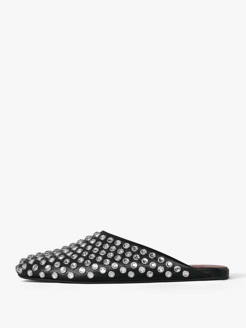 Dámské Ploché Pantofle Clogs Black Rhinestones S Kulatou Špičkou