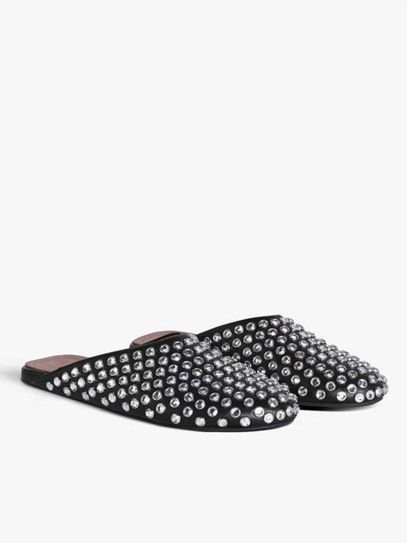 Dámské Ploché Pantofle Clogs Black Rhinestones S Kulatou Špičkou - Černá