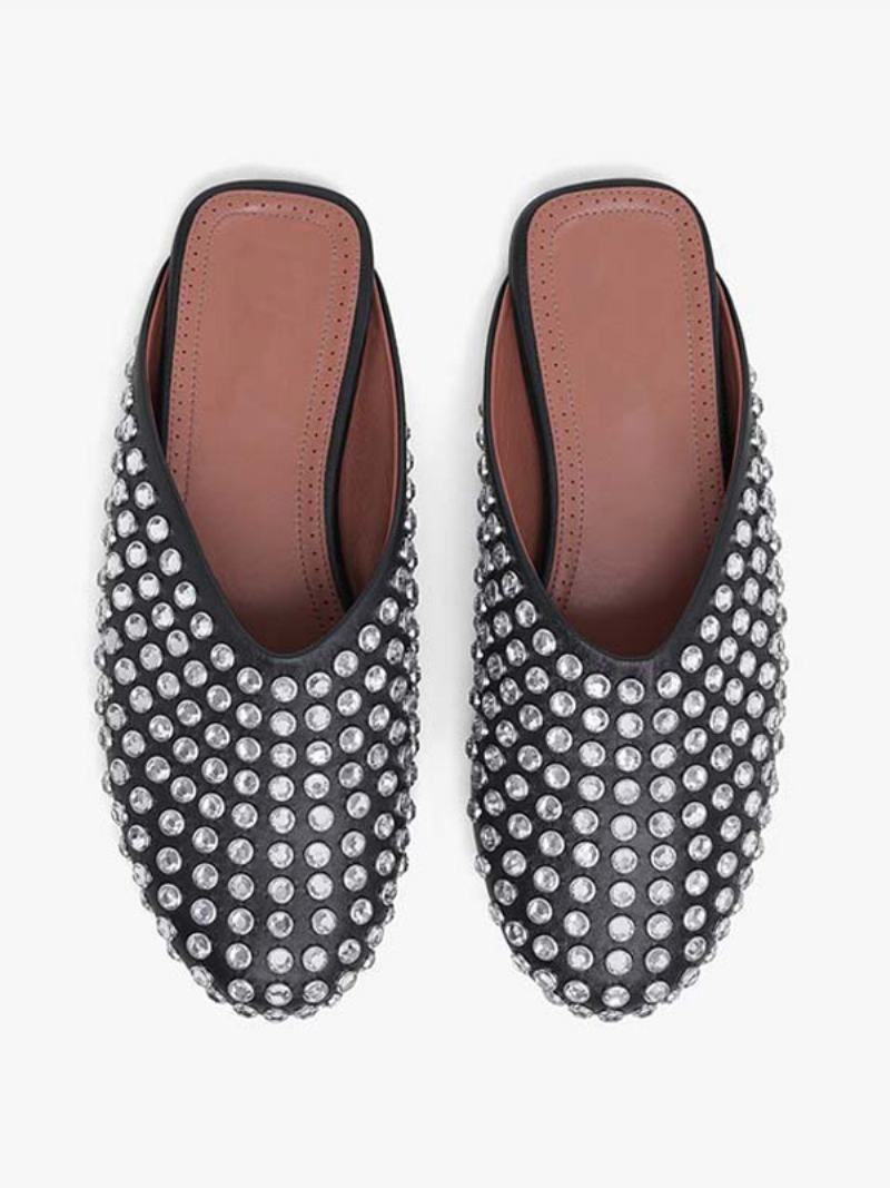 Dámské Ploché Pantofle Clogs Black Rhinestones S Kulatou Špičkou - Černá