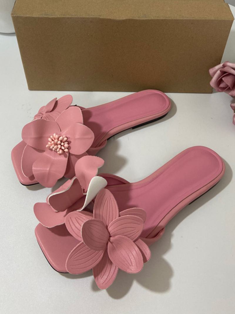 Dámské Sandály Chic Flowers Microfiber Open Toe Kitten Heel Caps - Růžová