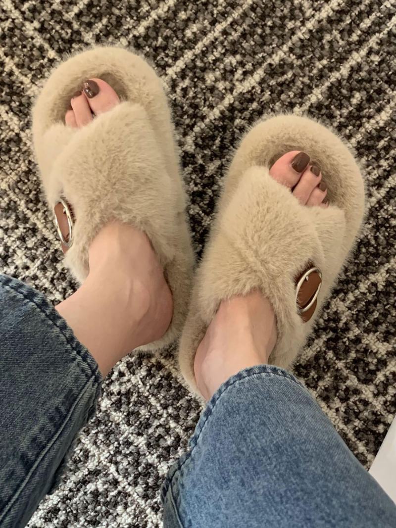 Dámské Sandály S Přezkou Peep Toe Fur Slide Flat Ecru White - Světle Žlutá