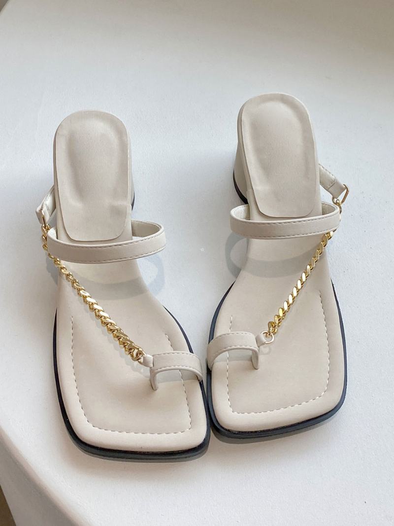 Dámské Sandály Slide Chic Chains Polyester Pantofle S Hranatou Špičkou Na Robustním Podpatku - Ivory