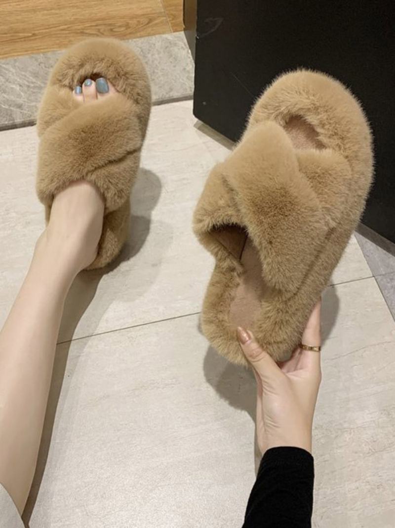 Dámské Skluzové Sandály Elegantní Kožešina Syntetický Materiál Peep Toe Ploché Pantofle - Khaki