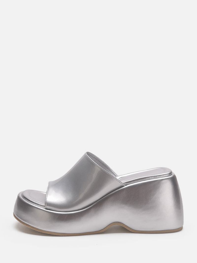 Dámské Stříbrné Sandály Slides Silver Metallic Platform Flatform Slip-on Mules