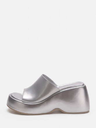 Dámské Stříbrné Sandály Slides Silver Metallic Platform Flatform Slip-on Mules