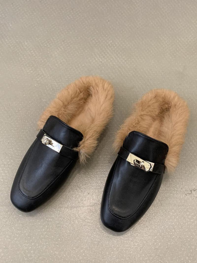 Černé Dámské Mokasíny Kovové Detaily Z Umělé Kožešiny Slip On Loafer Boty