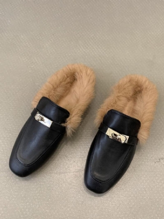 Černé Dámské Mokasíny Kovové Detaily Z Umělé Kožešiny Slip On Loafer Boty