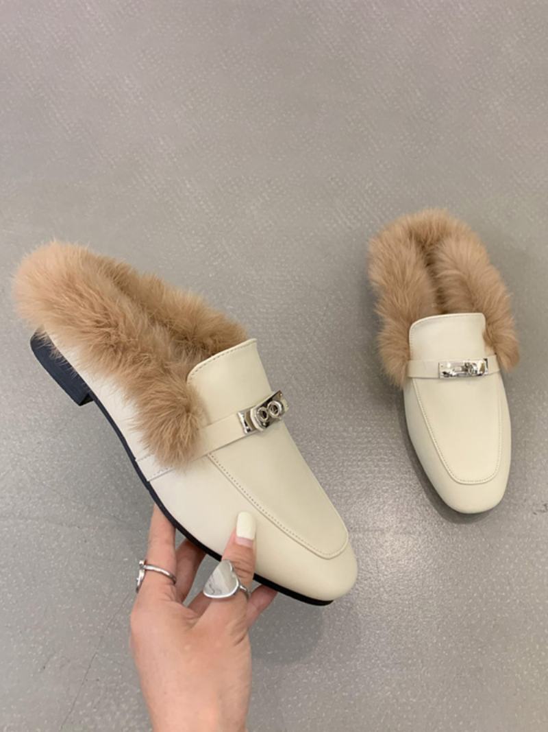 Černé Dámské Mokasíny Kovové Detaily Z Umělé Kožešiny Slip On Loafer Boty - Světle Žlutá