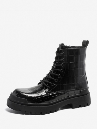 Pánské Boty Black Stoen Pattern Lace Up Anlke Boots