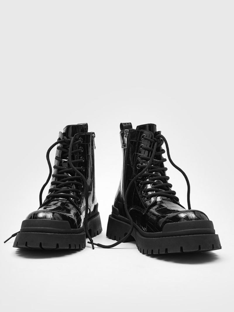 Pánské Boty Black Stoen Pattern Lace Up Anlke Boots - Černá