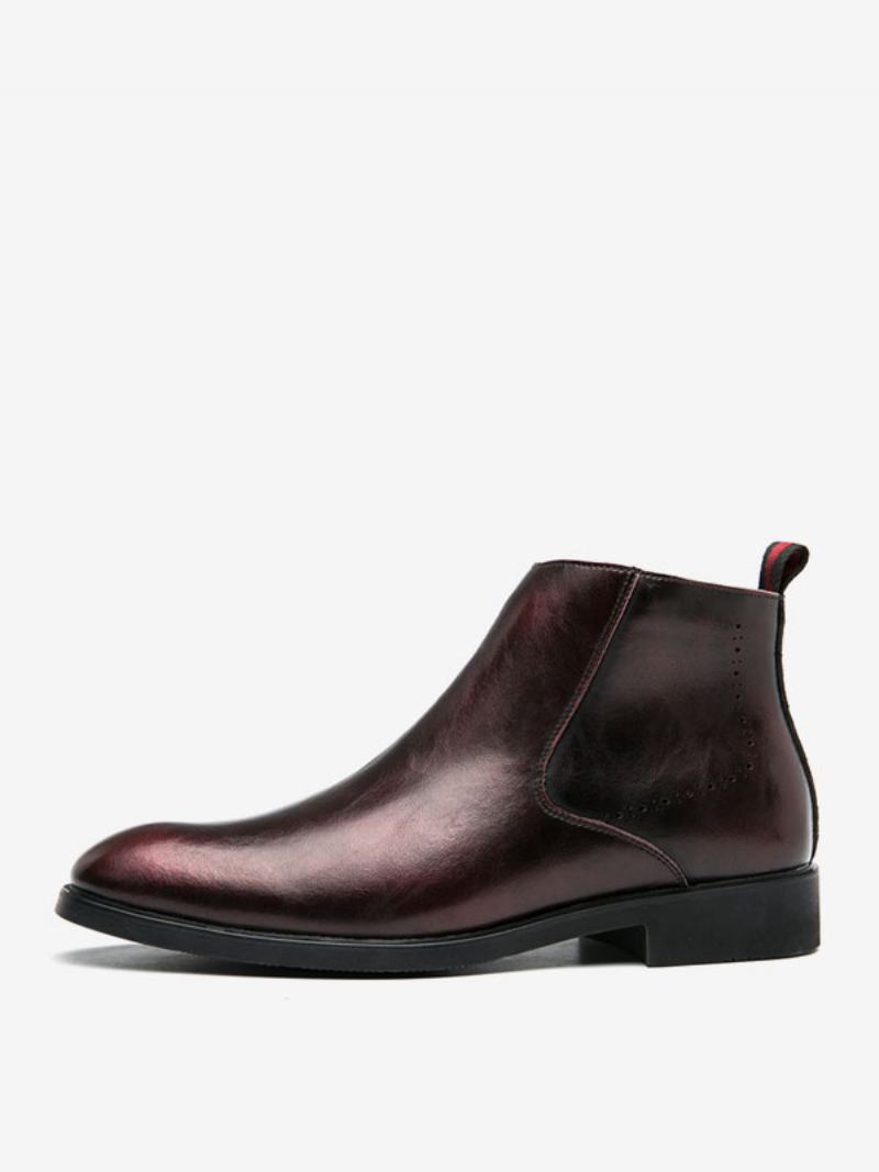 Pánské Boty Chelsea Boots Burgundy Pu Kůže S Kulatou Špičkou - Vínová