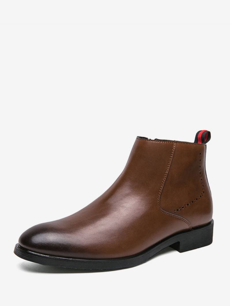 Pánské Boty Chelsea Boots Burgundy Pu Kůže S Kulatou Špičkou - Káva Hnědá