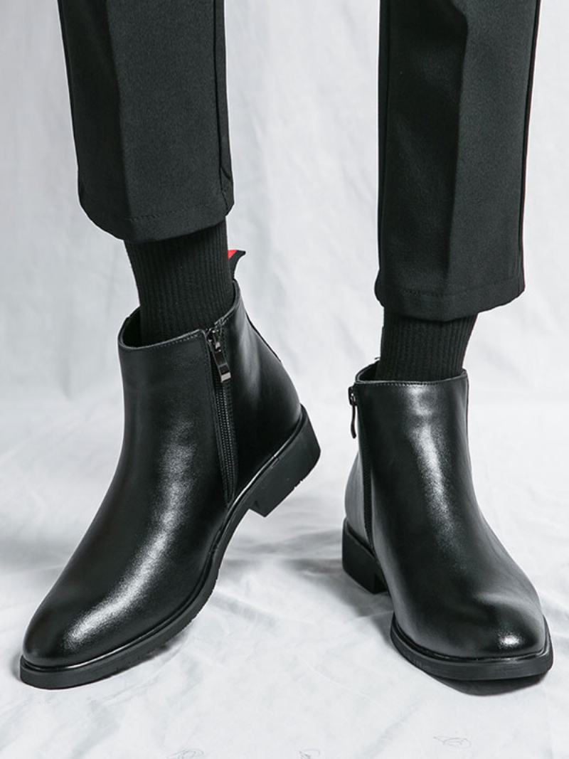 Pánské Boty Chelsea Boots Burgundy Pu Kůže S Kulatou Špičkou - Černá