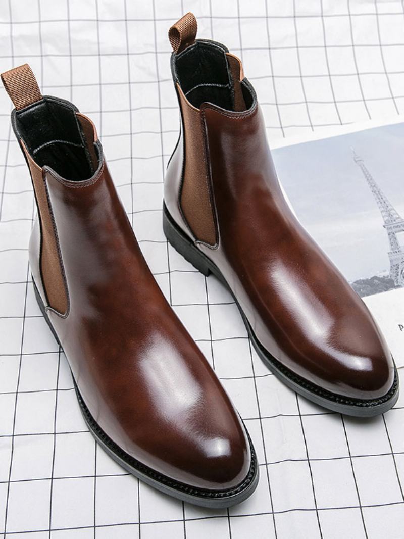 Pánské Boty Chelsea Boots Coffee Brown Pu Kůže S Kulatou Špičkou - Kávově Hnědá