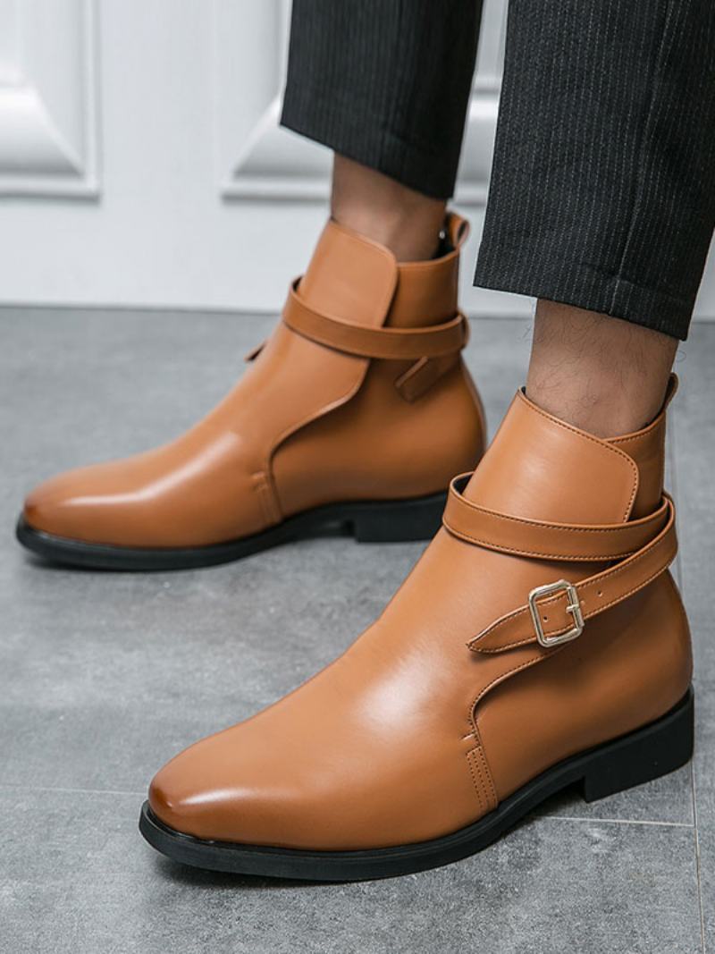 Pánské Boty Chelsea Boots Pu Kůže S Kulatou Špičkou - Kávově Hnědá