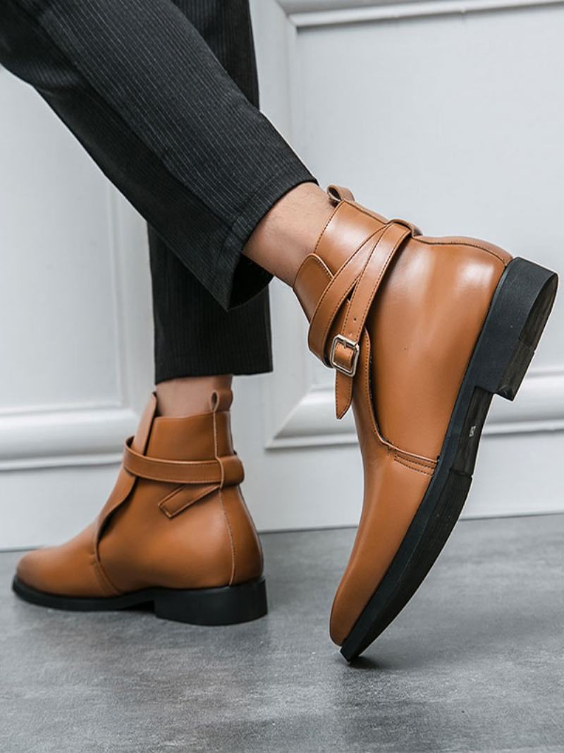 Pánské Boty Chelsea Boots Pu Kůže S Kulatou Špičkou - Kávově Hnědá