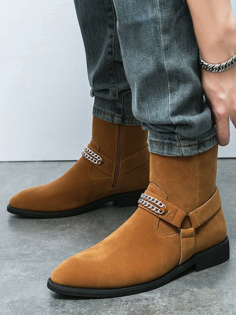 Pánské Boty Chelsea Boots Semišové Kožené S Kulatou Špičkou - Kávově Hnědá