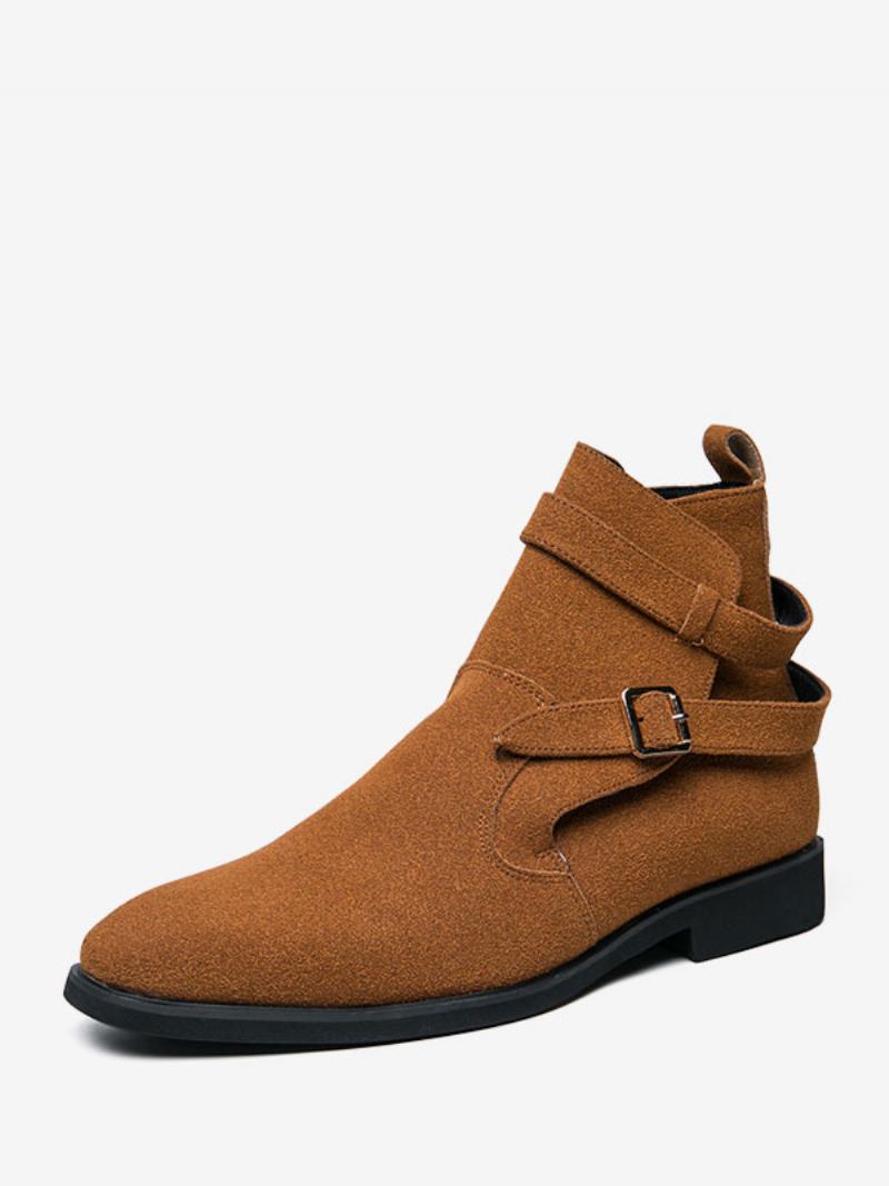 Pánské Boty Chelsea Boots Zelené Semišové Kožené Jodhpur Monk Strap - Káva Hnědá