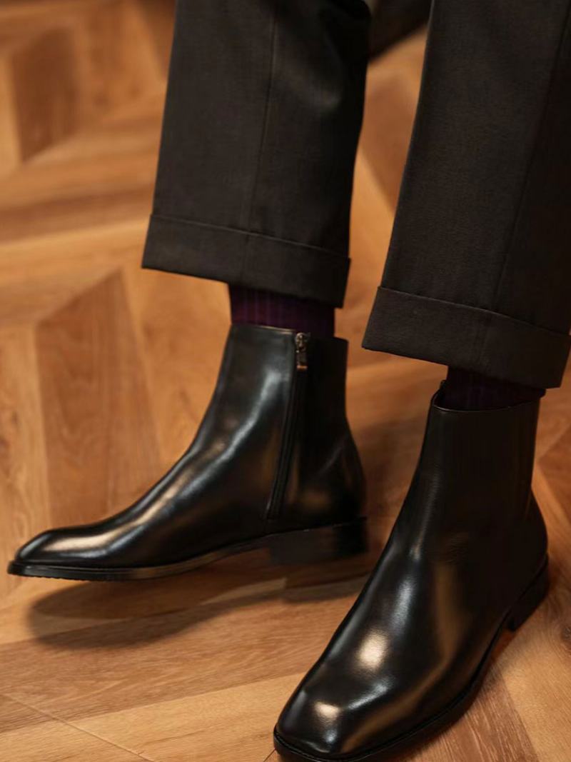 Pánské Boty Chelsea Boots Černá Hovězí Kůže Hranatá Špička - Černá