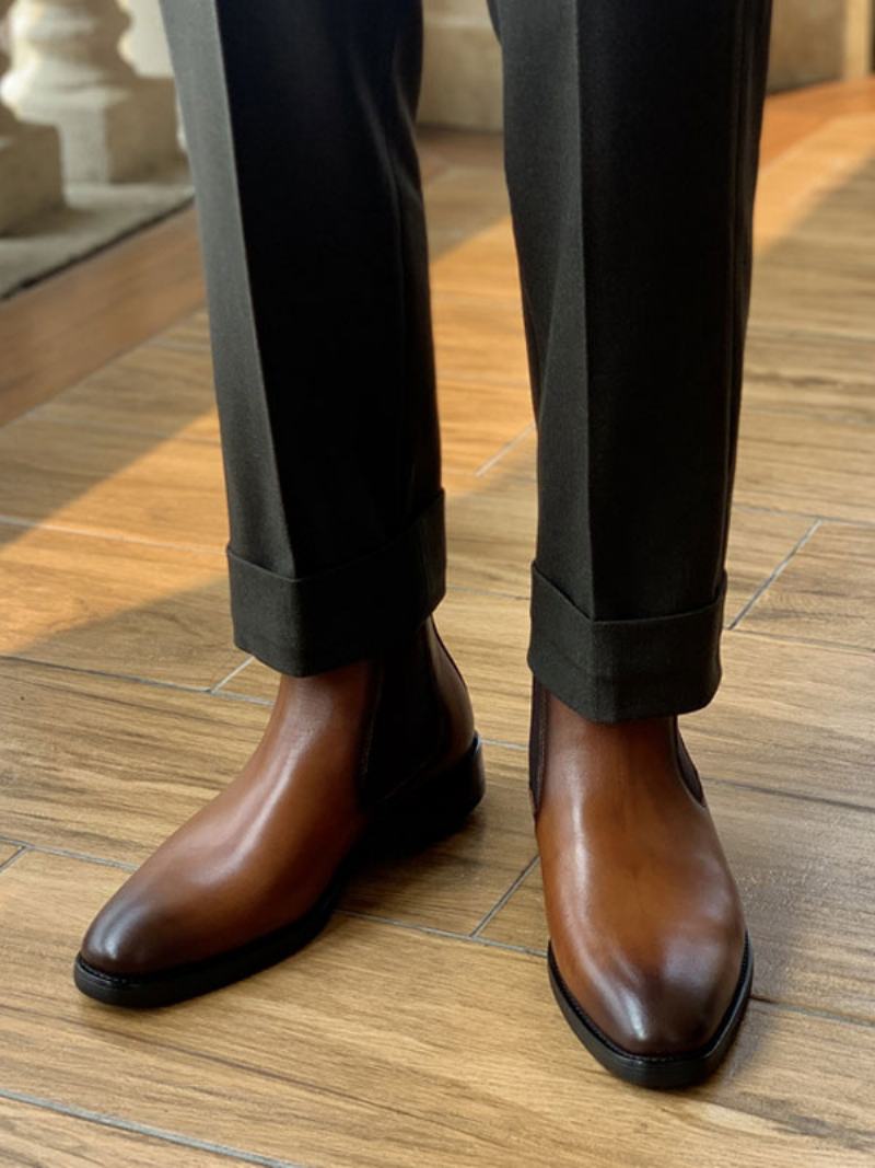 Pánské Boty Chelsea Boots Černá Hovězí Kůže Se Špičatou Špičkou Plesové Společenské - Kávově Hnědá