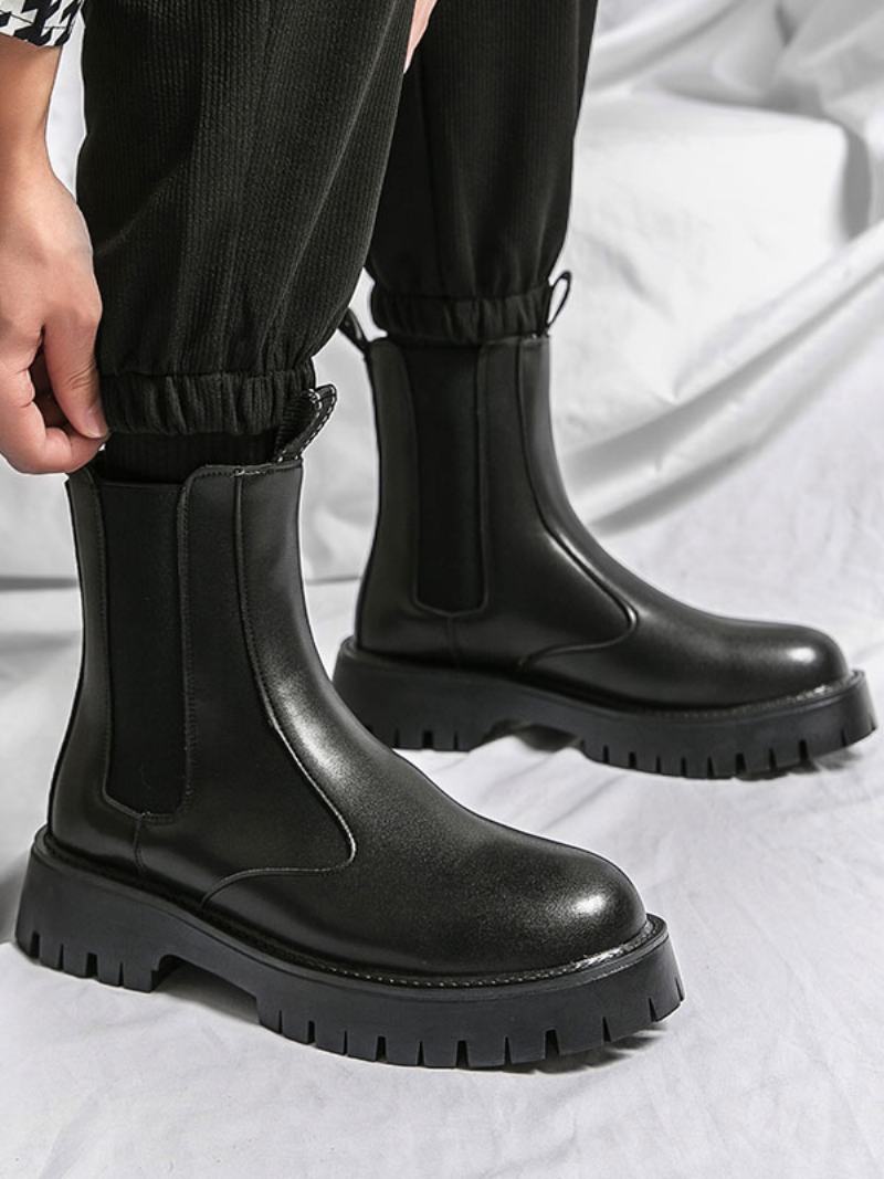 Pánské Boty Chelsea Boots Černá Pu Kůže S Kulatou Špičkou - Černá