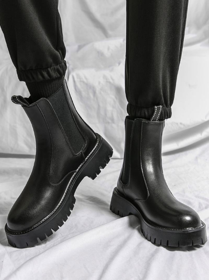 Pánské Boty Chelsea Boots Černá Pu Kůže S Kulatou Špičkou - Černá