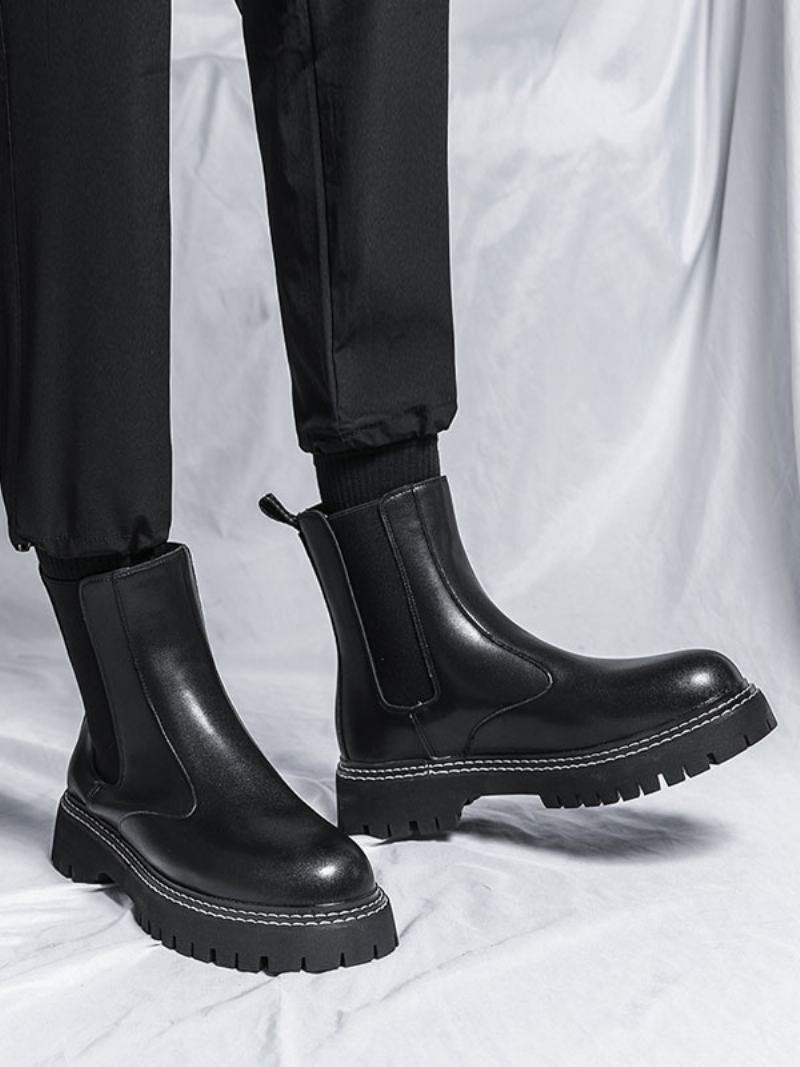 Pánské Boty Chelsea Boots Černá Pu Kůže S Kulatou Špičkou - Černá