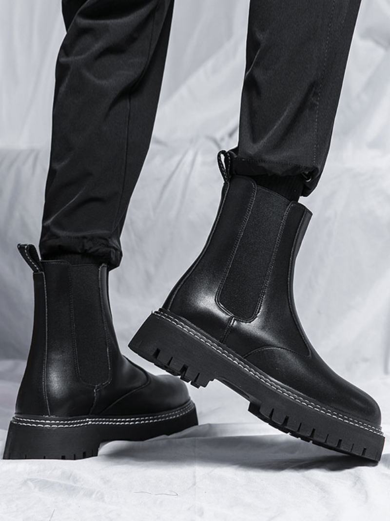 Pánské Boty Chelsea Boots Černá Pu Kůže S Kulatou Špičkou - Černá