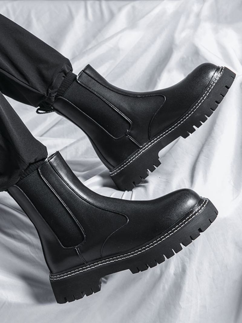 Pánské Boty Chelsea Boots Černá Pu Kůže S Kulatou Špičkou - Černá