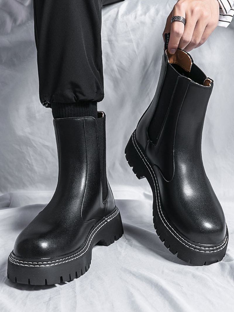 Pánské Boty Chelsea Boots Černá Pu Kůže S Kulatou Špičkou - Černá