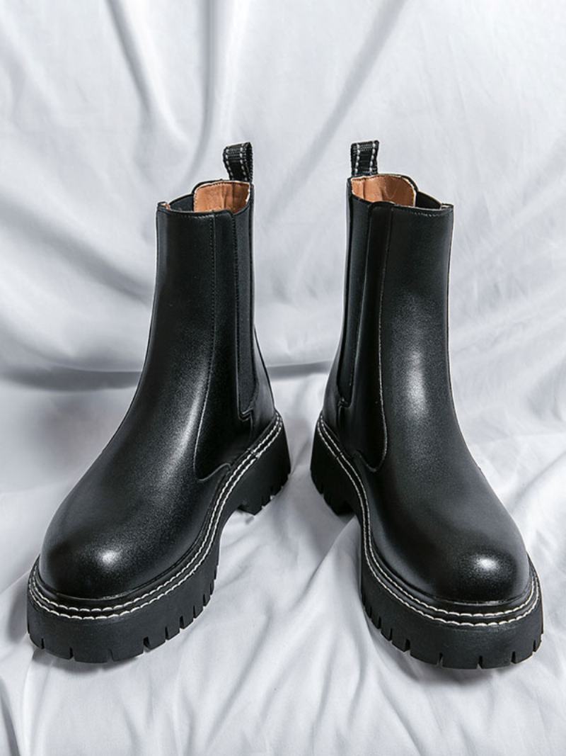 Pánské Boty Chelsea Boots Černá Pu Kůže S Kulatou Špičkou - Černá