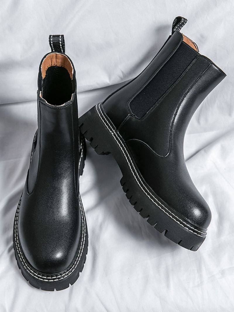 Pánské Boty Chelsea Boots Černá Pu Kůže S Kulatou Špičkou - Černá