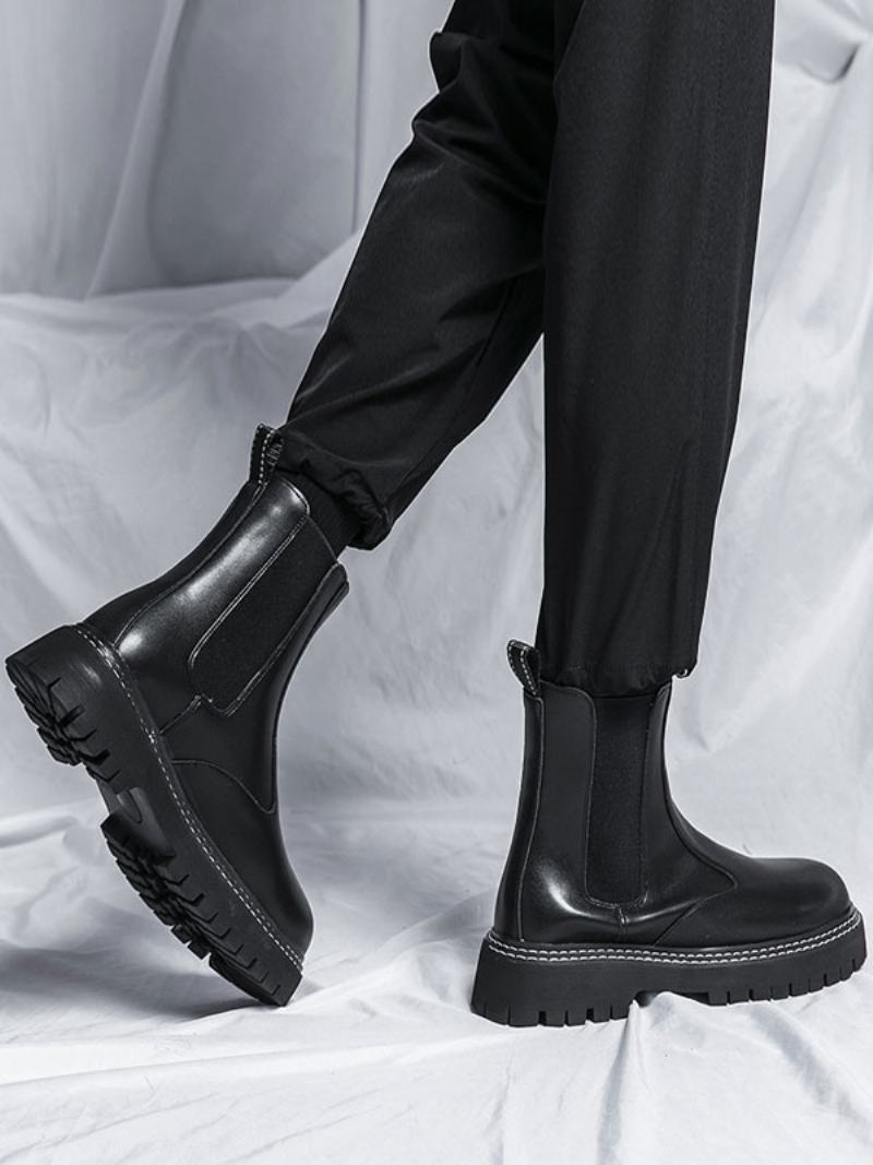 Pánské Boty Chelsea Boots Černá Pu Kůže S Kulatou Špičkou - Černá