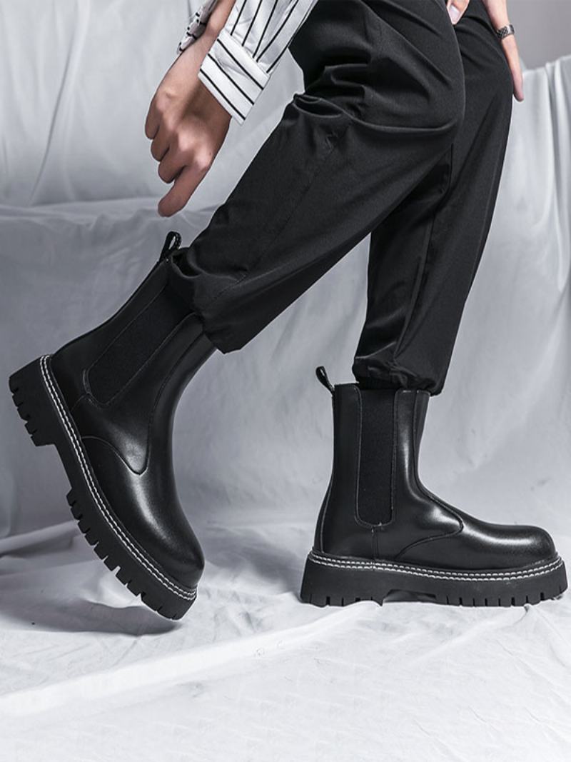 Pánské Boty Chelsea Boots Černá Pu Kůže S Kulatou Špičkou - Černá