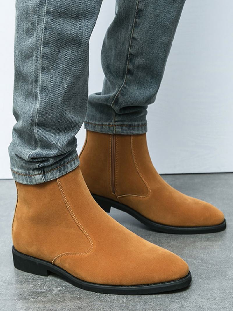 Pánské Boty Kotníkové Semišové Kožené Chelsea Boots S Kulatou Špičkou - Kávově Hnědá