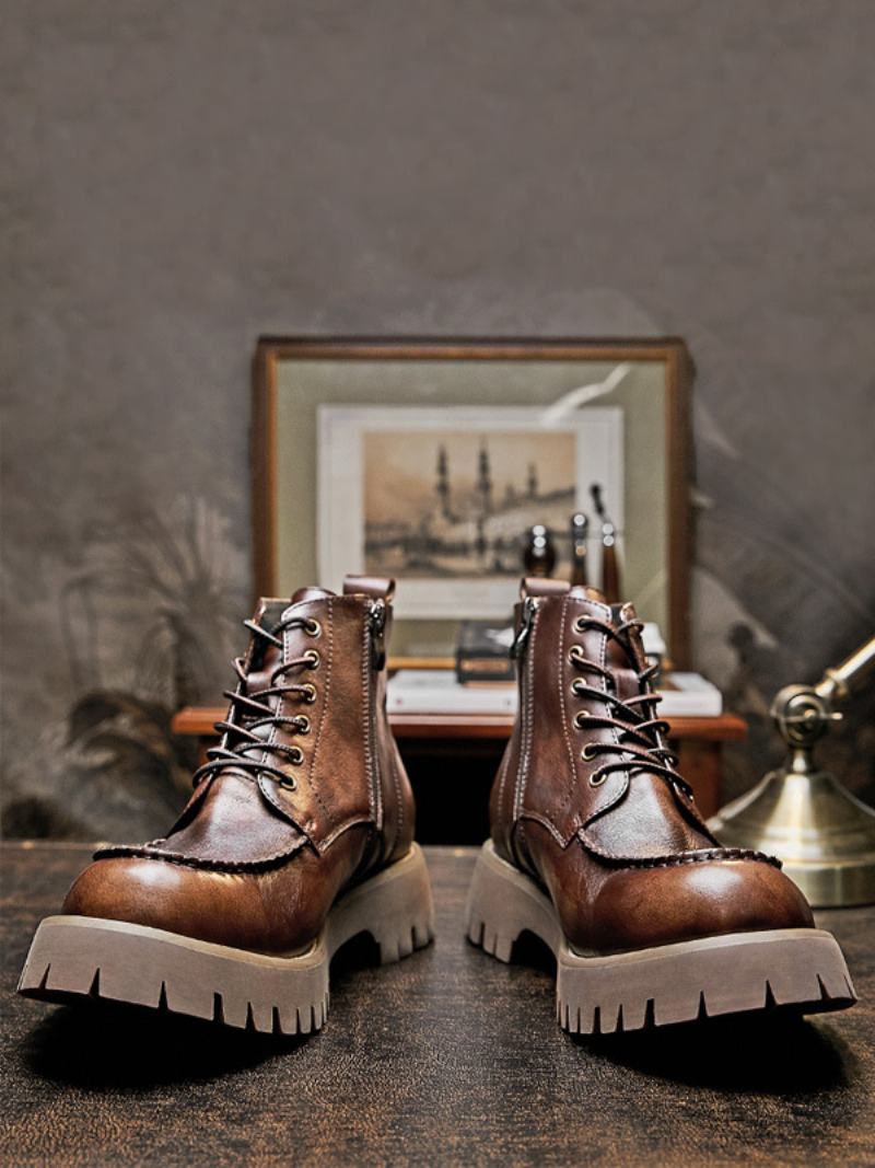 Pánské Boty Martin Brogue Business Casual Retro Coffee Brown Hovězí Kůže S Kulatou Špičkou - Kávově Hnědá