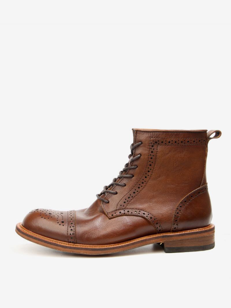 Pánské Brogue Carved High Top Martin Pracovní Motocykl Káva Hnědá Hovězí Kůže Kulatá Špička Šněrovací Retro Krátké Boty - Kávově Hnědá