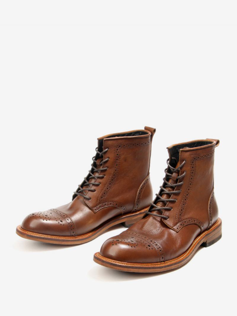 Pánské Brogue Carved High Top Martin Pracovní Motocykl Káva Hnědá Hovězí Kůže Kulatá Špička Šněrovací Retro Krátké Boty - Kávově Hnědá