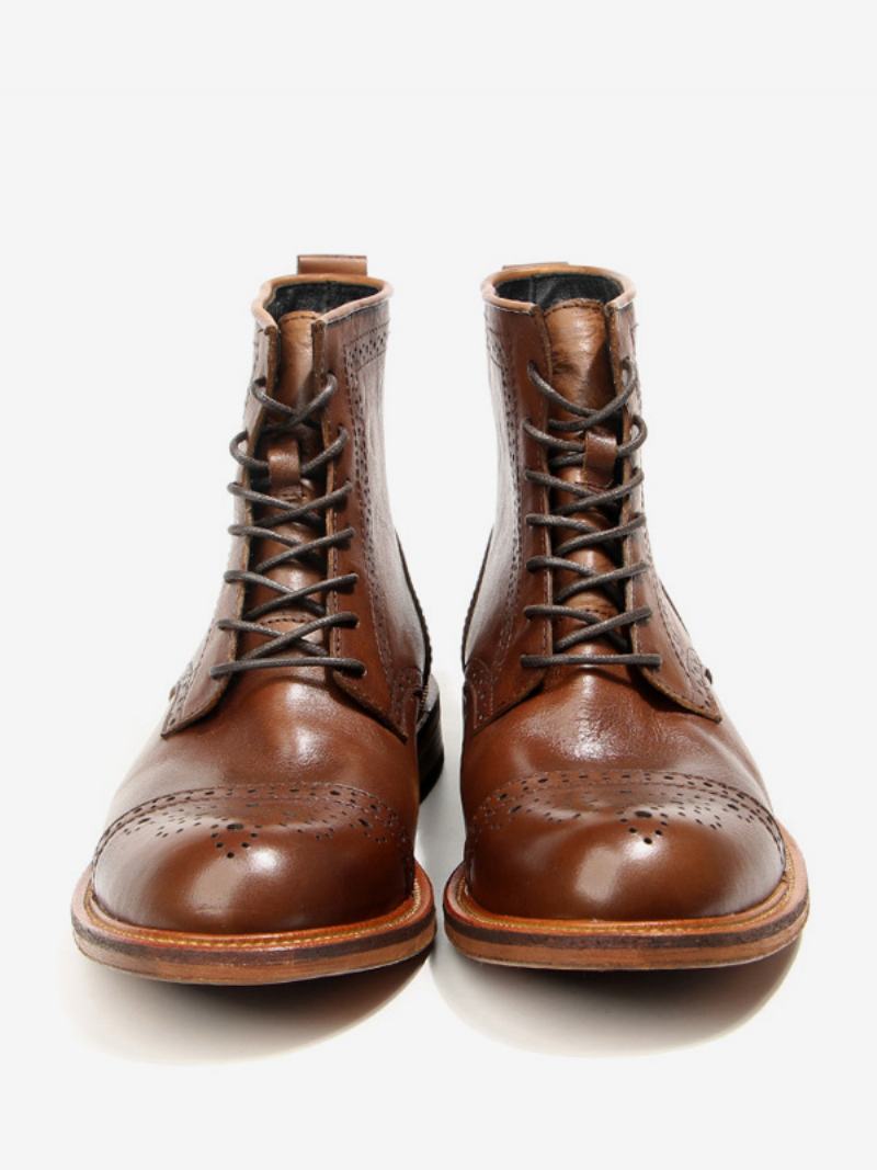 Pánské Brogue Carved High Top Martin Pracovní Motocykl Káva Hnědá Hovězí Kůže Kulatá Špička Šněrovací Retro Krátké Boty - Kávově Hnědá