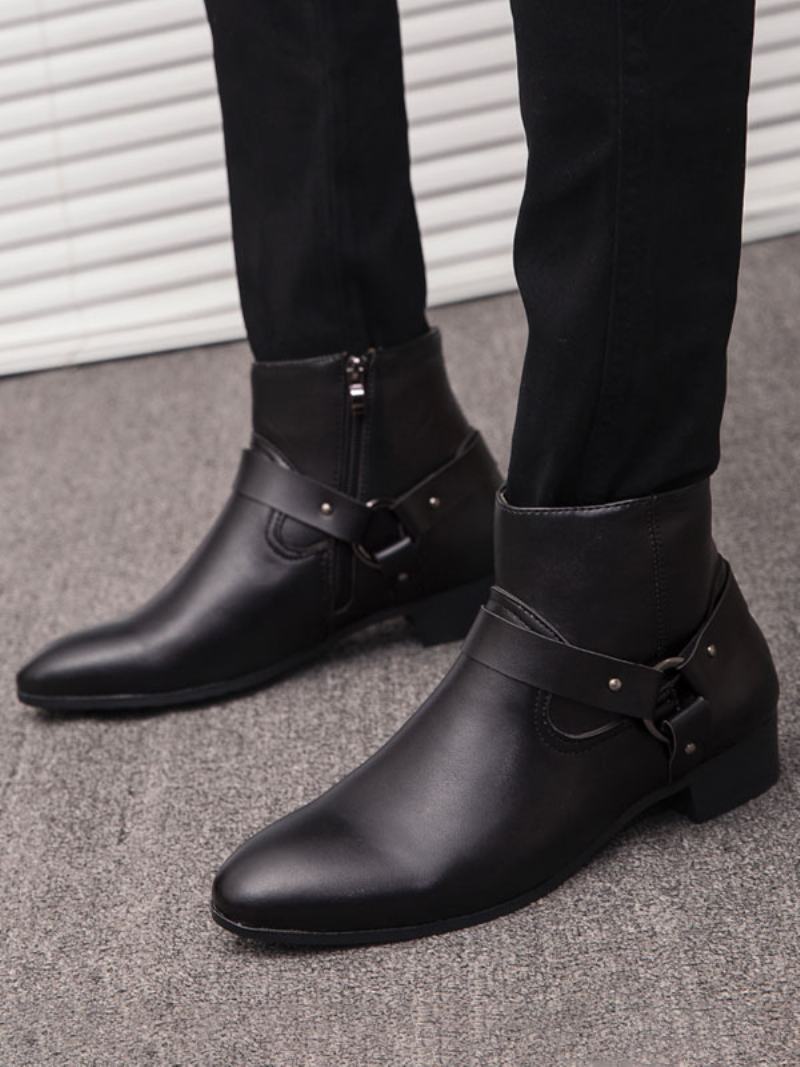 Pánské Chelsea Boots Fabulous Buckle Pu Kožené Kotníkové Boty Se Špičatou Špičkou - Černá