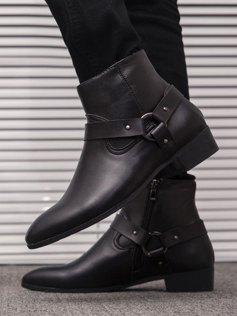 Pánské Chelsea Boots Fabulous Buckle Pu Kožené Kotníkové Boty Se Špičatou Špičkou - Černá