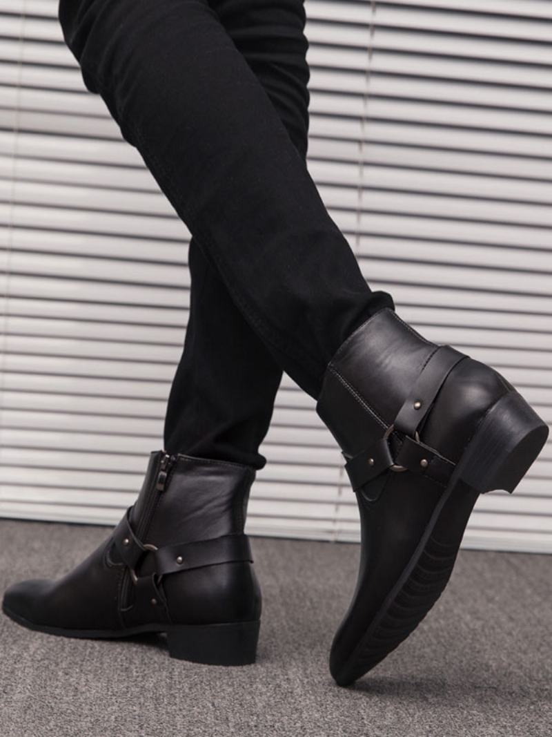 Pánské Chelsea Boots Fabulous Buckle Pu Kožené Kotníkové Boty Se Špičatou Špičkou - Černá