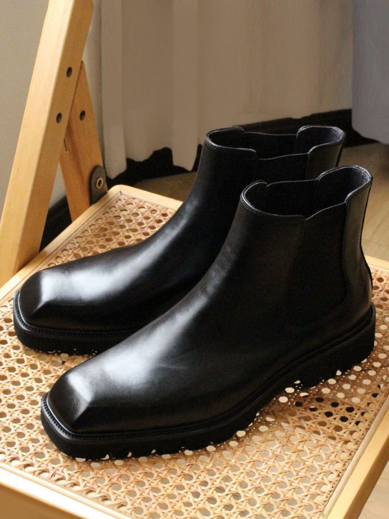 Pánské Kozačky Chelsea Boots Černá Hovězí Kůže Plesová Obuv S Hranatou Špičkou