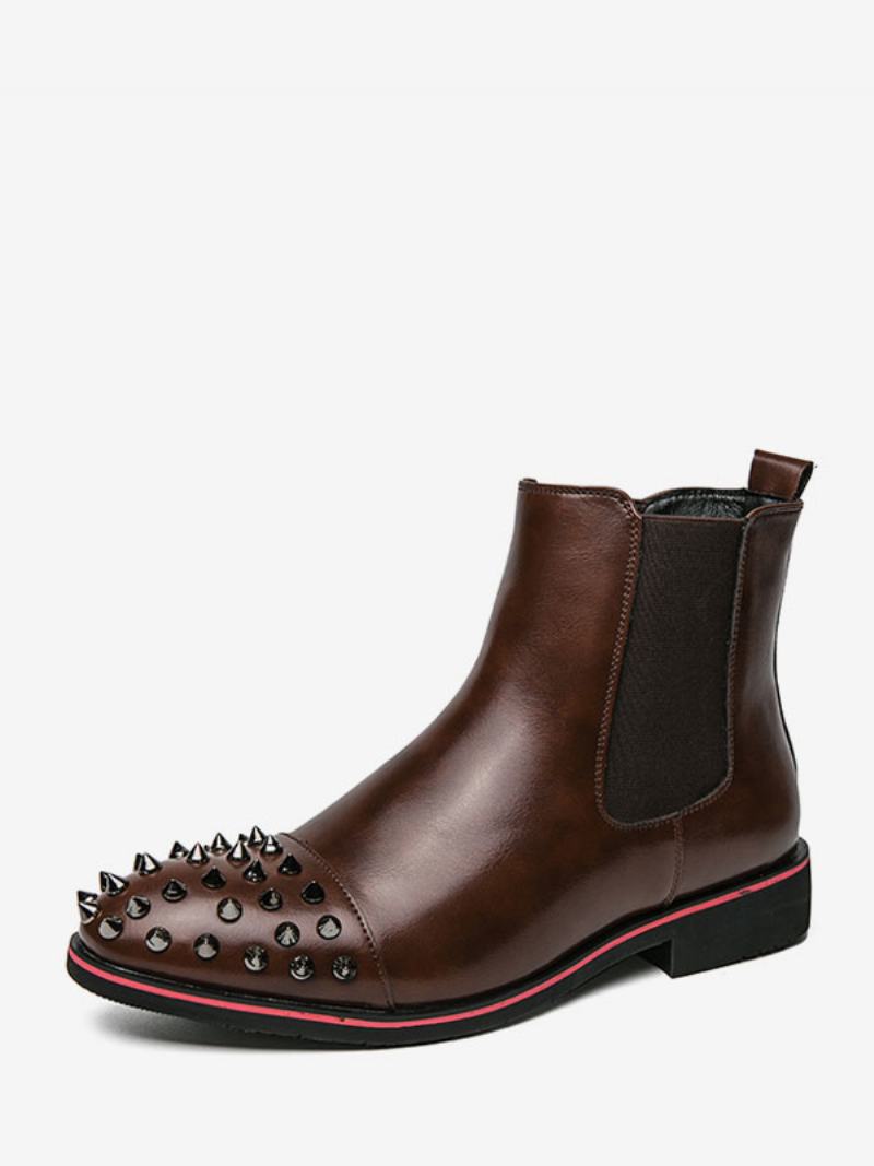 Pánské Černé Boty Pu Kožené Nýty S Kulatou Špičkou Chelsea Boots - Kávově Hnědá