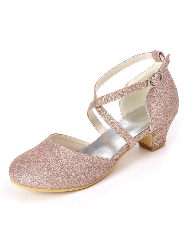 Dívčí Glitter Cross Strap Kitten Pata Květina Girl Boty - Šampaňské