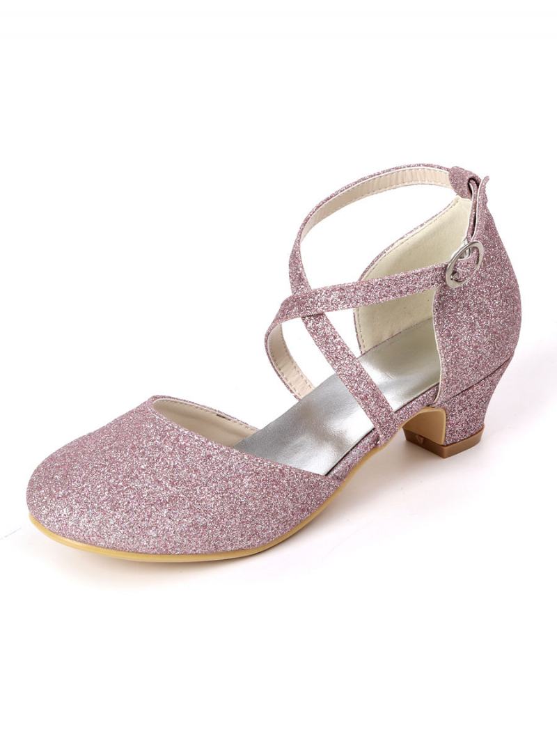 Dívčí Glitter Cross Strap Kitten Pata Květina Girl Boty - Šeřík