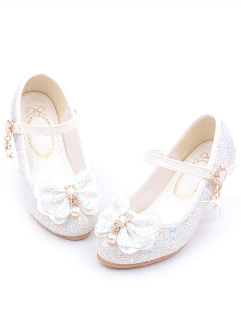 Flower Girl Boty Glitter Mary Jane Flats - Bílá