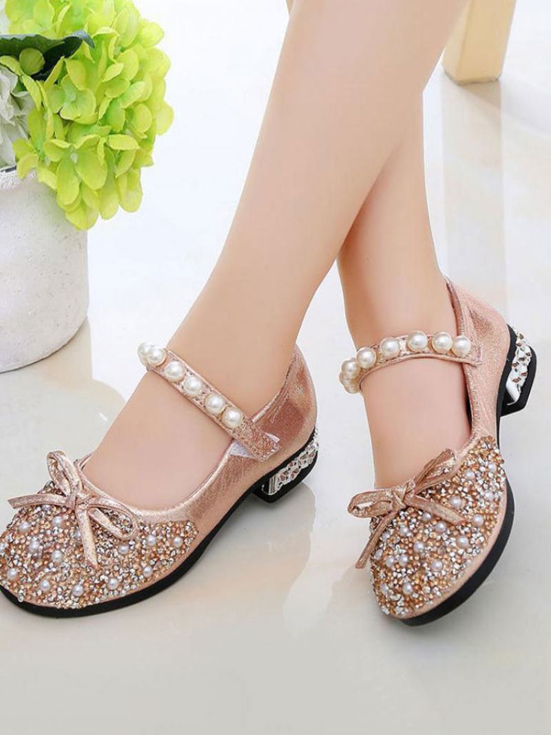 Girls Glitter Bow Pearls Mary Jane Flower Girl Flats - Růžová