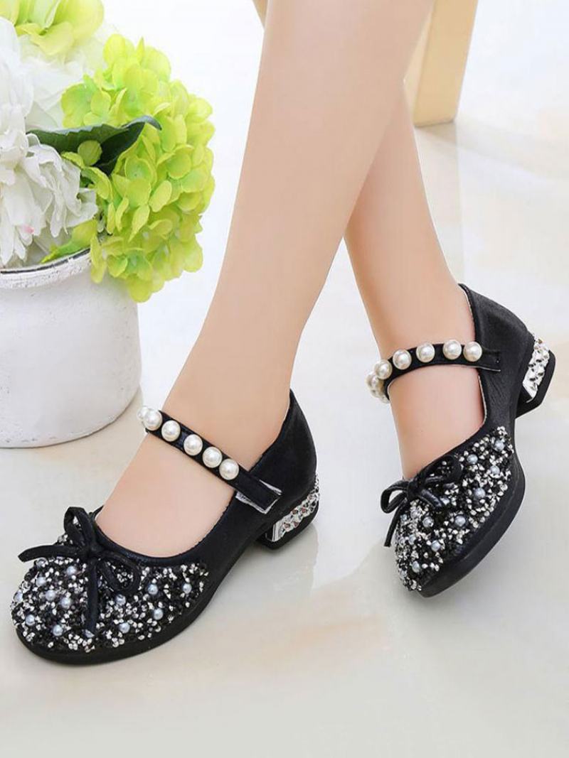 Girls Glitter Bow Pearls Mary Jane Flower Girl Flats - Černá